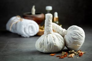 Herbal compress and Ayurvedic spa treatment equipment arranged for Panchakarma therapy