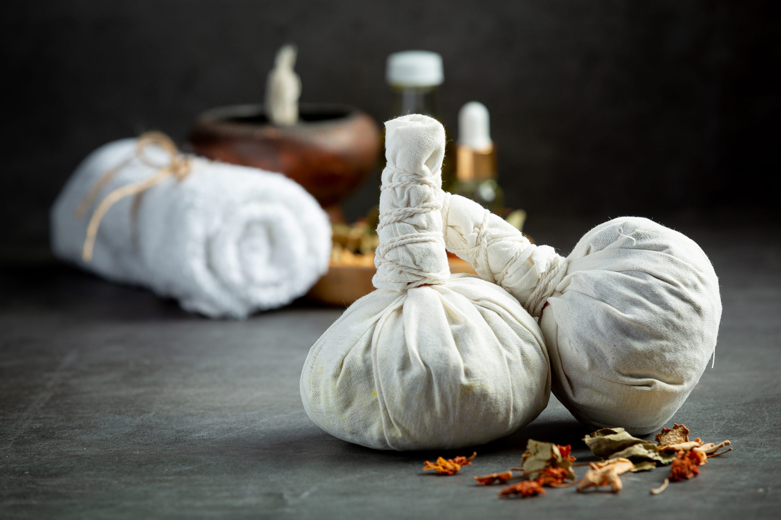 Herbal compress and Ayurvedic spa treatment equipment arranged for Panchakarma therapy